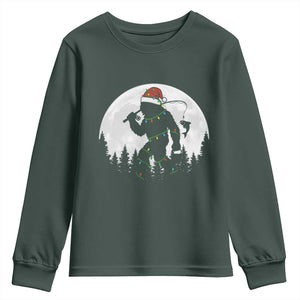 Funny Bigfoot Fishing Christmas Youth Sweatshirt Sasquatch Moon Fisherman TS14 Dark Forest Green Print Your Wear