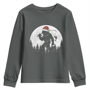 Funny Bigfoot Fishing Christmas Youth Sweatshirt Sasquatch Moon Fisherman TS14 Dark Heather Print Your Wear