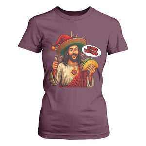 Funny Jesus Taco Mexican T Shirt For Women Let Us Taco About Jesus TS14 Maroon Print Your Wear