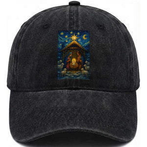 Jesus Christmas Washed Cotton Baseball Cap Starry Night Nativity Scene Xmas TS14 Washed Cap Universal Fit Black Print Your Wear