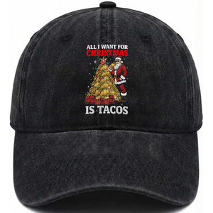 Funny Santa Taco Washed Cotton Baseball Cap All I Want For Christmas Is Taco TS14 Washed Cap Universal Fit Black Print Your Wear