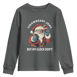 Strawberry Jams But My Gun Do Not Youth Sweatshirt Funny Santa Gun Christmas TS14 Dark Heather Print Your Wear
