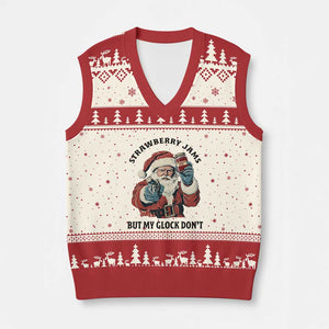 Funny Santa Gun Xmas V-Neck Knit Sweater Vest Strawberry Jams But My Gun Do Not TS14 Beige Red Print Your Wear