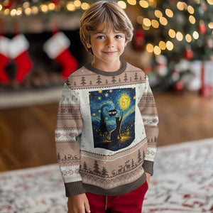67 Cat Meme Ugly Christmas Sweater Funny Six Seven Cat Starry Night Van Gogh TS14 Mocha Mousse Print Your Wear