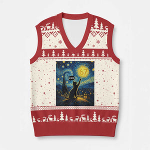 67 Cat Meme V-Neck Knit Sweater Vest Funny Six Seven Cat Starry Night Van Gogh TS14 Beige Red Print Your Wear