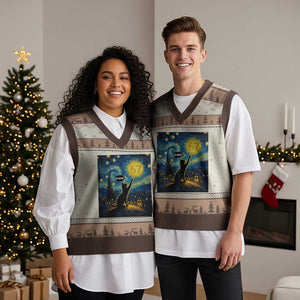 67 Cat Meme V-Neck Knit Sweater Vest Funny Six Seven Cat Starry Night Van Gogh TS14 Mocha Mousse Print Your Wear