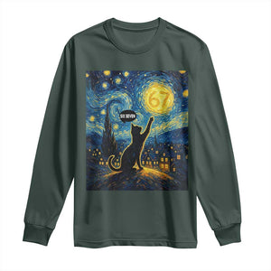 67 Cat Meme Long Sleeve Shirt Funny Six Seven Cat Starry Night Van Gogh TS14 Dark Forest Green Print Your Wear