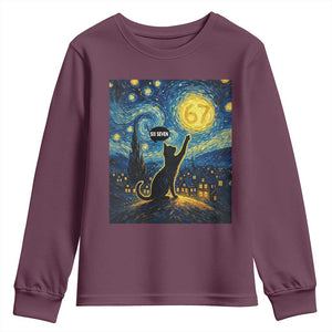 67 Cat Meme Youth Sweatshirt Funny Six Seven Cat Starry Night Van Gogh TS14 Maroon Print Your Wear