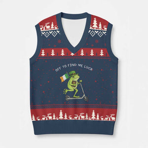 Funny Frog Christian St Patricks Day V-Neck Knit Sweater Vest Off To Find Me Lucky TS14 Navy Red Print Your Wear