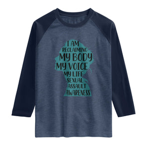 Sexual Assault Awareness Raglan Shirt Women Support Survivors TS14 Heather Denim Navy Print Your Wear