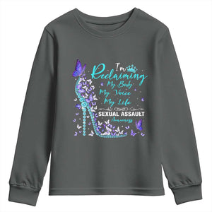 Sexual Assault Awareness Youth Sweatshirt I Am Reclaiming My Body My Voice My Life TS14 Dark Heather Print Your Wear