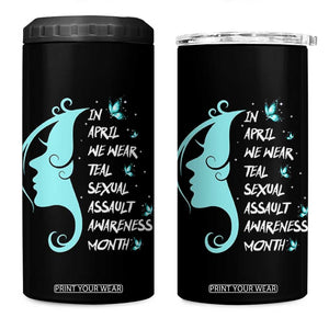 Sexual Assault Awareness Month 4 in 1 Can Cooler Tumbler In April We Wear Teal Ribbon TS14 One Size: 16 oz Black Print Your Wear
