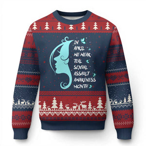 Sexual Assault Awareness Month Ugly Christmas Sweater In April We Wear Teal Ribbon TS14 Navy Red Print Your Wear