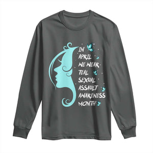 Sexual Assault Awareness Month Long Sleeve Shirt In April We Wear Teal Ribbon TS14 Dark Heather Print Your Wear