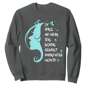 Sexual Assault Awareness Month Sweatshirt In April We Wear Teal Ribbon TS14 Dark Heather Print Your Wear