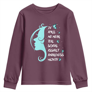 Sexual Assault Awareness Month Youth Sweatshirt In April We Wear Teal Ribbon TS14 Maroon Print Your Wear
