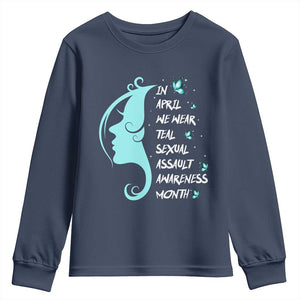 Sexual Assault Awareness Month Youth Sweatshirt In April We Wear Teal Ribbon TS14 Navy Print Your Wear