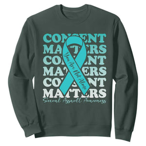 Sexual Assault Awareness Month Sweatshirt Teal Ribbon Consent Matters You Are Not Alone TS14 Dark Forest Green Print Your Wear