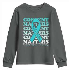 Sexual Assault Awareness Month Youth Sweatshirt Teal Ribbon Consent Matters You Are Not Alone TS14 Dark Heather Print Your Wear