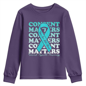 Sexual Assault Awareness Month Youth Sweatshirt Teal Ribbon Consent Matters You Are Not Alone TS14 Purple Print Your Wear