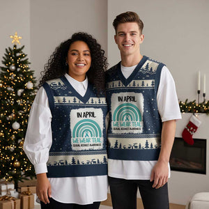 Sexual Assault Awareness V-Neck Knit Sweater Vest In April We Wear Teal Ribbon TS14 Navy Beige Print Your Wear