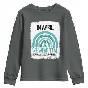 Sexual Assault Awareness Youth Sweatshirt In April We Wear Teal Ribbon TS14 Dark Heather Print Your Wear