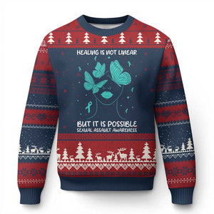 Sexual Assault Awareness Ugly Christmas Sweater Healing Is Not Linear But It Is Possible TS14 Navy Red Print Your Wear