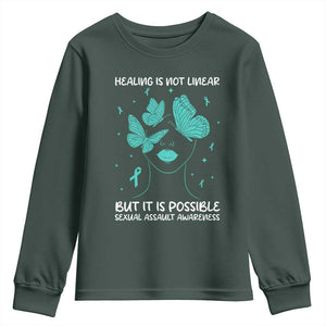 Sexual Assault Awareness Youth Sweatshirt Healing Is Not Linear But It Is Possible TS14 Dark Forest Green Print Your Wear