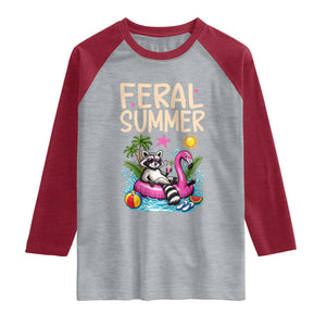 Funny Beach Raccoon Raglan Shirt Feral Summer Vacation Gift TS14 Heather Gray Heather Red Print Your Wear