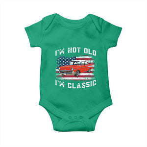I'm Not Old I'm Classic Baby Onesie Vintage 1957 Hot Rod Silhouette Patriotic American Flag