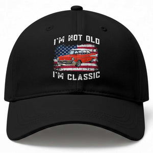 I'm Not Old I'm Classic Baseball Cap Vintage 1957 Hot Rod Silhouette Patriotic American Flag