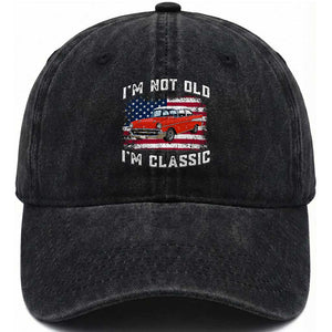 I'm Not Old I'm Classic Washed Cotton Baseball Cap Vintage 1957 Hot Rod Silhouette Patriotic American Flag