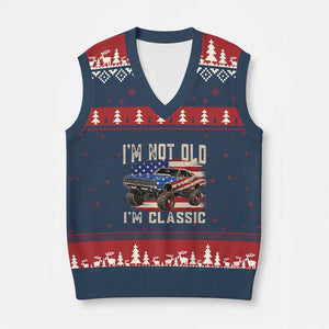 I'm Not Old I'm Classic V-Neck Knit Sweater Vest Vintage Car American Flag 4th of July