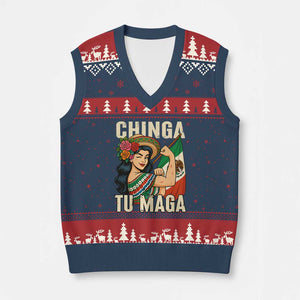 Chinga Tu Maga Protest V-Neck Knit Sweater Vest Funny Mexican Women TS14 Navy Red Print Your Wear