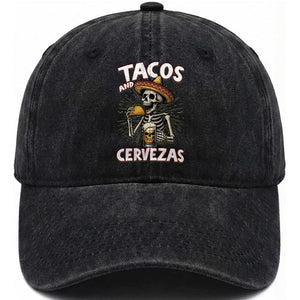 Tacos and Cervezas Washed Cotton Baseball Cap Funny Skeleton Drinking Beer Lovers TS14 Washed Cap Universal Fit Black Print Your Wear