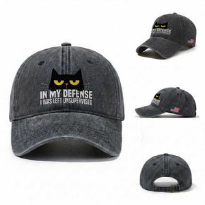 Sarcastic Black Cat Washed Cotton Baseball Cap In My Defense I Was Left Unsupervised TS14 Washed Cap Universal Fit Dark Gray Print Your Wear