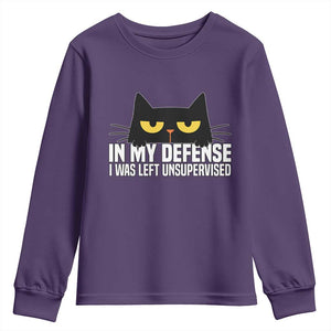 Sarcastic Black Cat Youth Sweatshirt In My Defense I Was Left Unsupervised TS14 Purple Print Your Wear