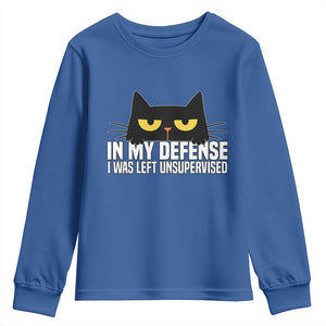 Sarcastic Black Cat Youth Sweatshirt In My Defense I Was Left Unsupervised TS14 Royal Blue Print Your Wear