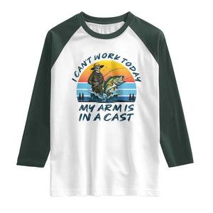 Funny Skeleton Camo Fishing Raglan Shirt I Can Not Work Today My Arm Is In A Cast TS14 White Dark Forest Green Print Your Wear