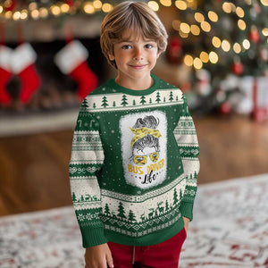 Messy Bun School Bus Driver Life Ugly Christmas Sweater TS14 Forest Green Beige Print Your Wear