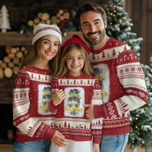 Messy Bun School Bus Driver Life Ugly Christmas Sweater TS14 Red Beige Print Your Wear