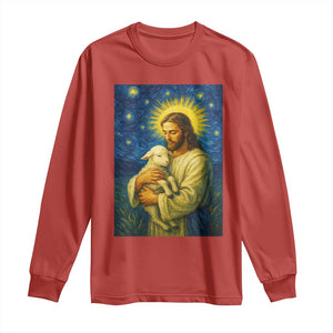 Jesus Christian Long Sleeve Shirt Hug Lamb Starry Night Van Gogh TS14 Red Print Your Wear