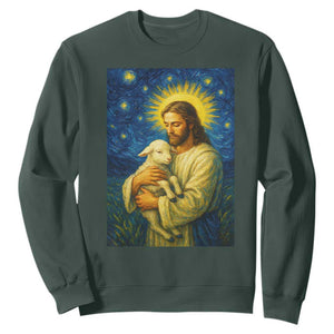 Jesus Christian Sweatshirt Hug Lamb Starry Night Van Gogh TS14 Dark Forest Green Print Your Wear