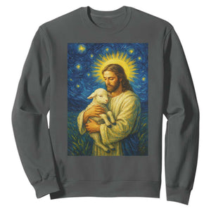 Jesus Christian Sweatshirt Hug Lamb Starry Night Van Gogh TS14 Dark Heather Print Your Wear