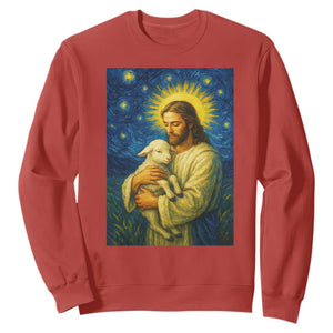 Jesus Christian Sweatshirt Hug Lamb Starry Night Van Gogh TS14 Red Print Your Wear