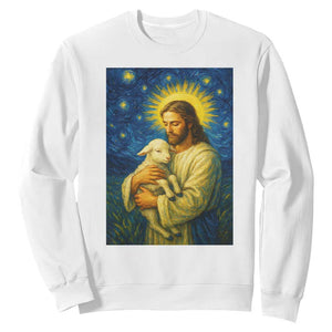 Jesus Christian Sweatshirt Hug Lamb Starry Night Van Gogh TS14 White Print Your Wear