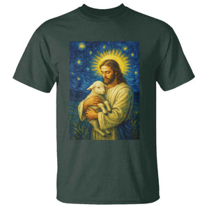 Jesus Christian T Shirt Hug Lamb Starry Night Van Gogh TS14 Dark Forest Green Print Your Wear