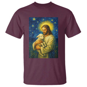 Jesus Christian T Shirt Hug Lamb Starry Night Van Gogh TS14 Maroon Print Your Wear