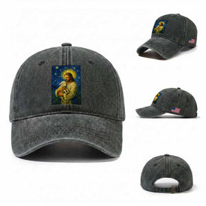 Jesus Christian Washed Cotton Baseball Cap Hug Lamb Starry Night Van Gogh TS14 Washed Cap Universal Fit Dark Green Print Your Wear