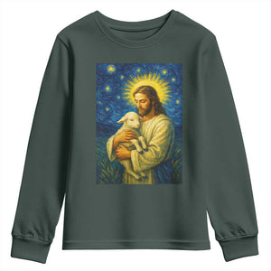 Jesus Christian Youth Sweatshirt Hug Lamb Starry Night Van Gogh TS14 Dark Forest Green Print Your Wear
